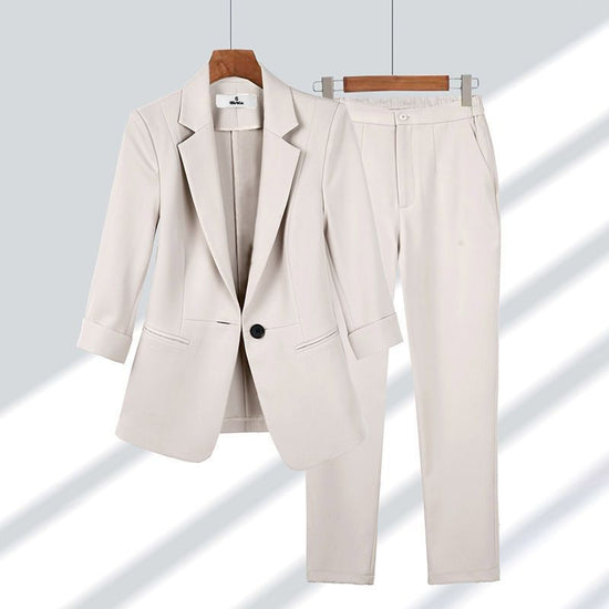 Casual 2-piece suit consisting of a blazer, single-breasted solid color with lapels and straight-leg trousers with zipper, ideal for office and work. - YLORESHOP