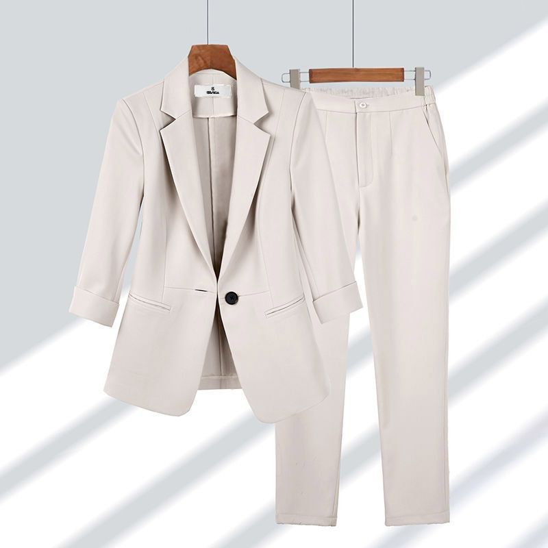 Casual 2-piece suit consisting of a blazer, single-breasted solid color with lapels and straight-leg trousers with zipper, ideal for office and work. - YLORESHOP