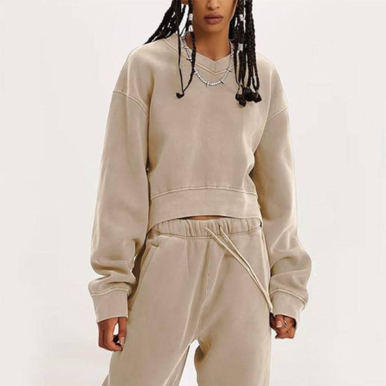 Women's V-neck Long-sleeved Midriff Outfit Sweatshirt Lace-up Sports Trousers - YLORESHOP