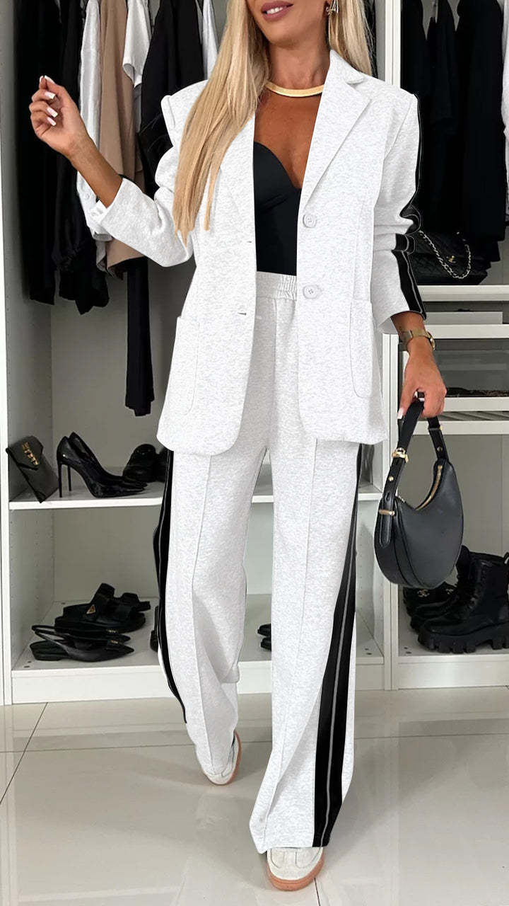Women's casual suit with single-breasted jacket and straight-leg striped trousers - YLORESHOP