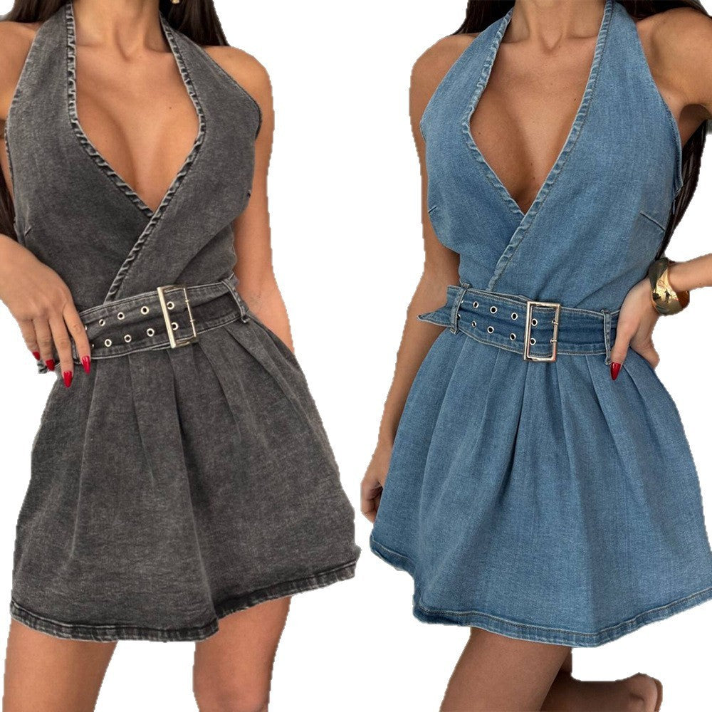 Belt Hanging Collar Backless Denim Dress - YLORESHOP