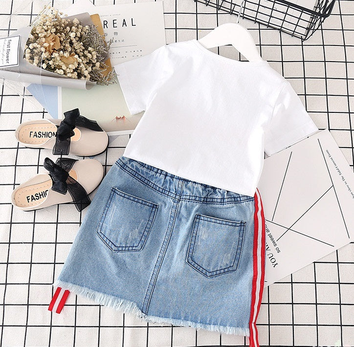 Kids Clothes White T-shirt Denim Skirt 2pcs Girls Suits - YLORESHOP