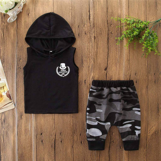 2PCS Toddler Kids Baby Boy Sleeveless Hooded Clothes T-shirt Tops Camo Pants Outfits - YLORESHOP