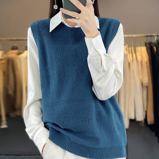 Women's Round Neck Knitted Pullover Cashmere Sweater Waistcoat Loose Wool Vest Slimming Vest - YLORESHOP