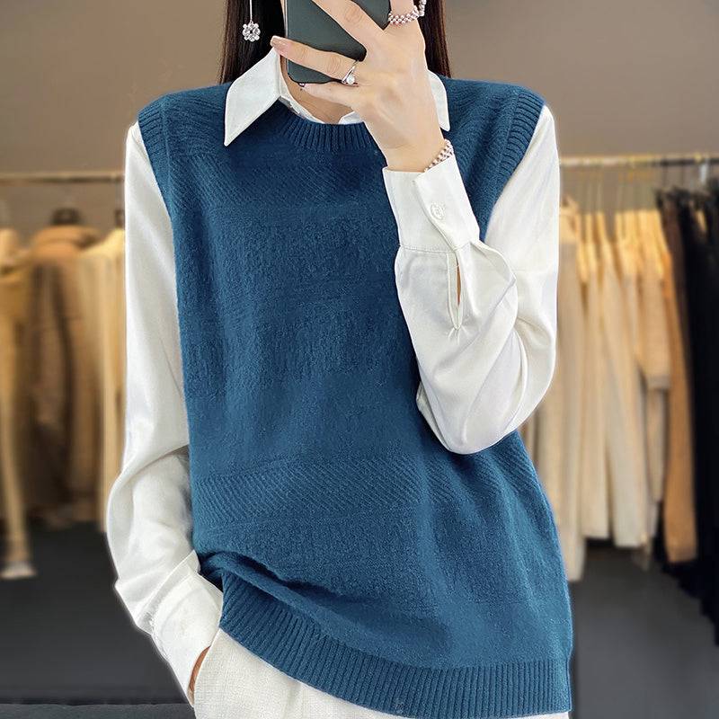 Women's Round Neck Knitted Pullover Cashmere Sweater Waistcoat Loose Wool Vest Slimming Vest - YLORESHOP