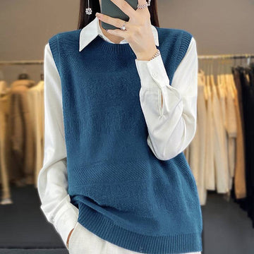 Women's Round Neck Knitted Pullover Cashmere Sweater Waistcoat Loose Wool Vest Slimming Vest - YLORESHOP