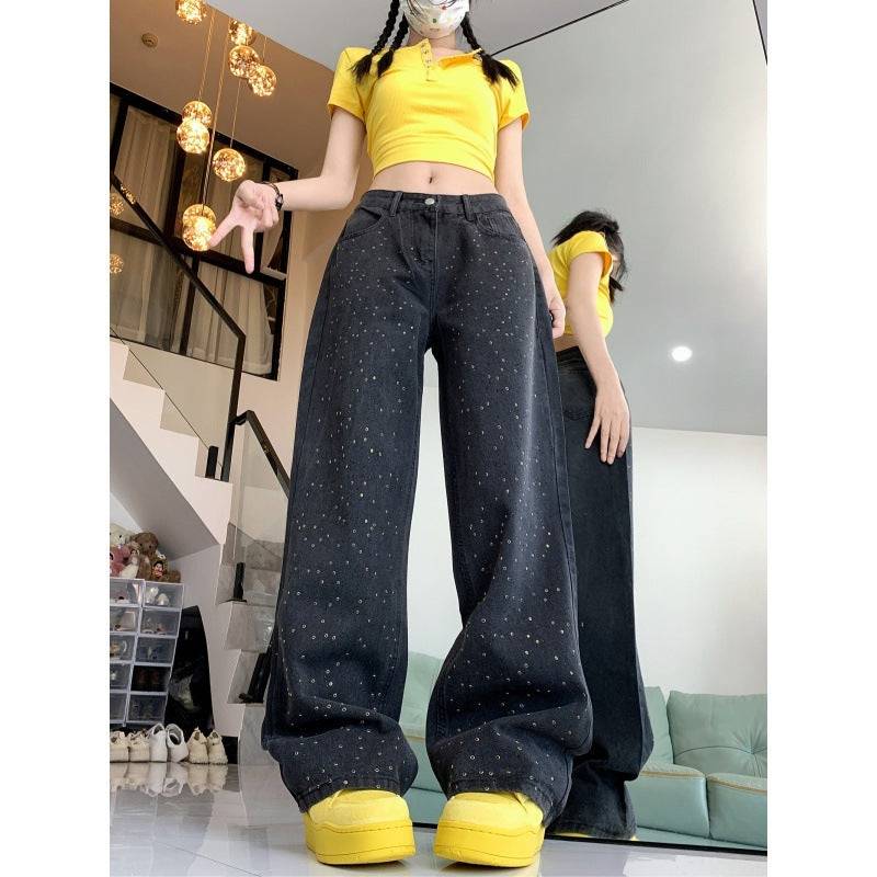 Fashion Rhinestone Jeans Heavy Industry Slimming Slim Fit Straight Wide Leg - YLORESHOP