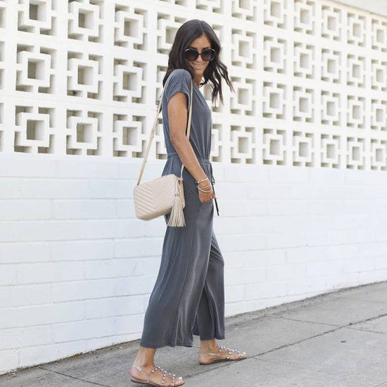 Women's Elastic Waist V-neck Wide-leg Jumpsuit - YLORESHOP