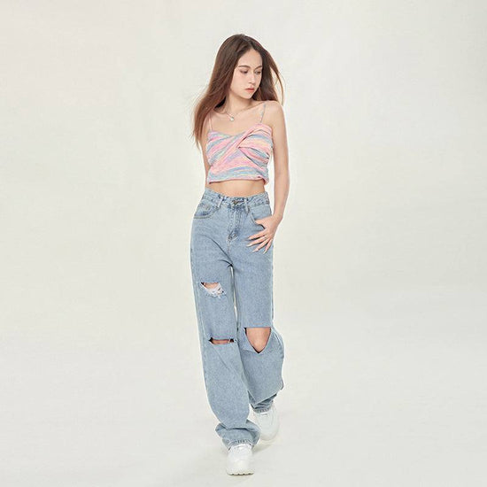 Women's High Waist Light Blue Ripped Wide-legged Jeans - YLORESHOP