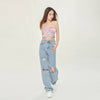 Women's High Waist Light Blue Ripped Wide-legged Jeans - YLORESHOP