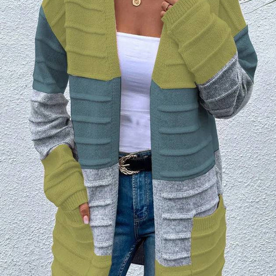 Sweater Women's 2024 Fashion Jacket With Big Pockets Autumn And Winter Long Striped Color Matching Cardigan - YLORESHOP