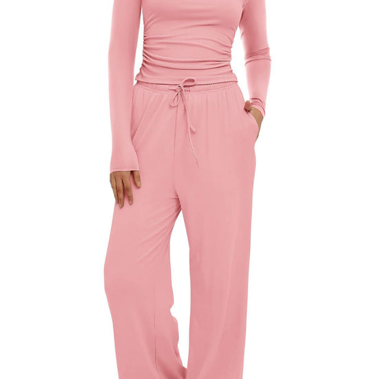 Women's 2-piece set, long-sleeved top and high-waisted wide-leg pants, sportswear, solid color. - YLORESHOP