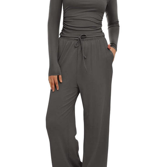 Women's 2-piece set, long-sleeved top and high-waisted wide-leg pants, sportswear, solid color. - YLORESHOP