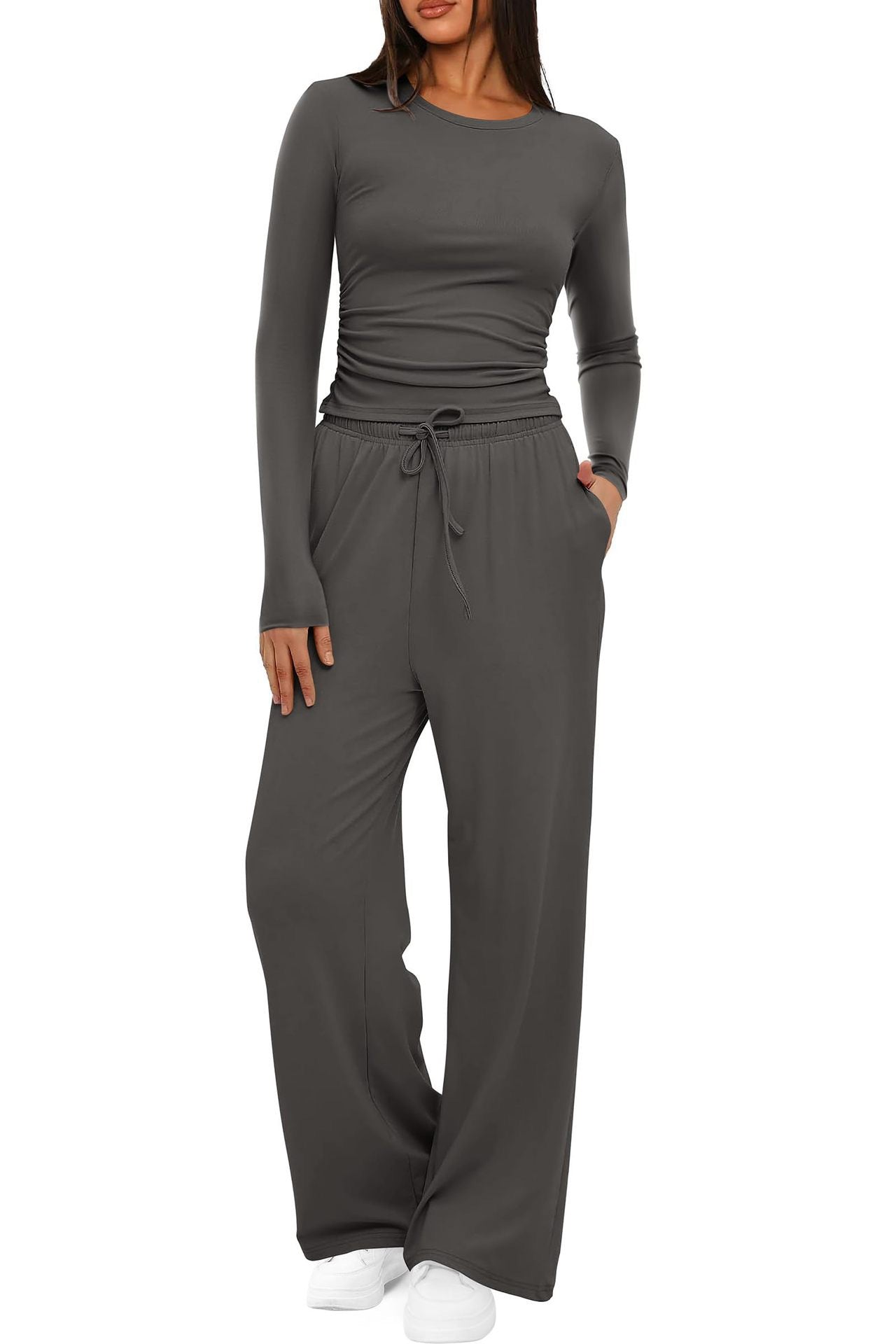 Women's 2-piece set, long-sleeved top and high-waisted wide-leg pants, sportswear, solid color. - YLORESHOP