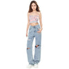 Women's High Waist Light Blue Ripped Wide-legged Jeans - YLORESHOP