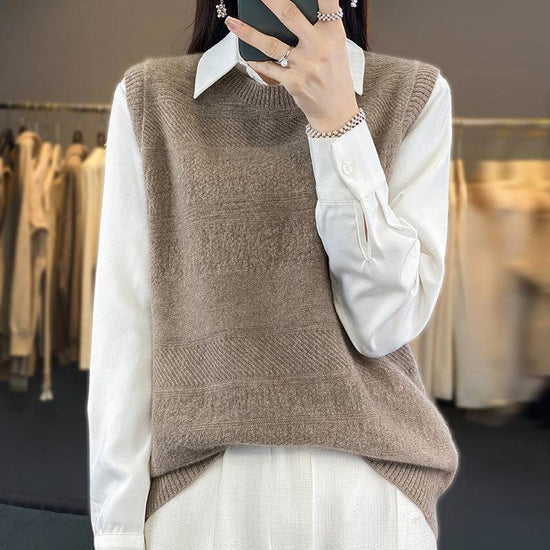Women's Round Neck Knitted Pullover Cashmere Sweater Waistcoat Loose Wool Vest Slimming Vest - YLORESHOP