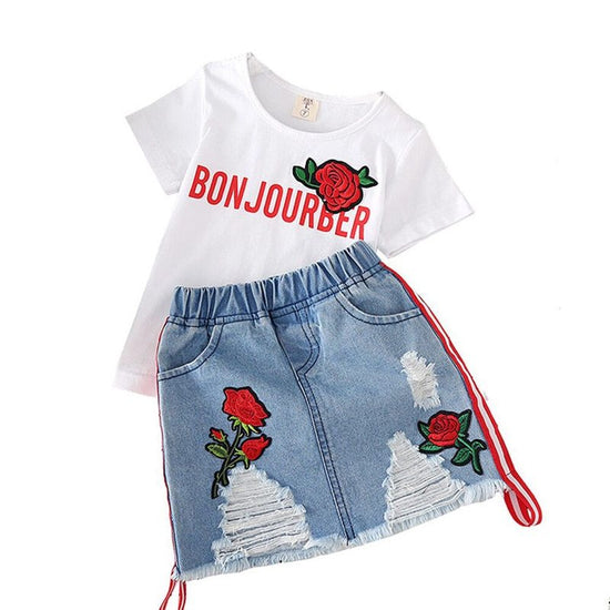 Kids Clothes White T-shirt Denim Skirt 2pcs Girls Suits - YLORESHOP