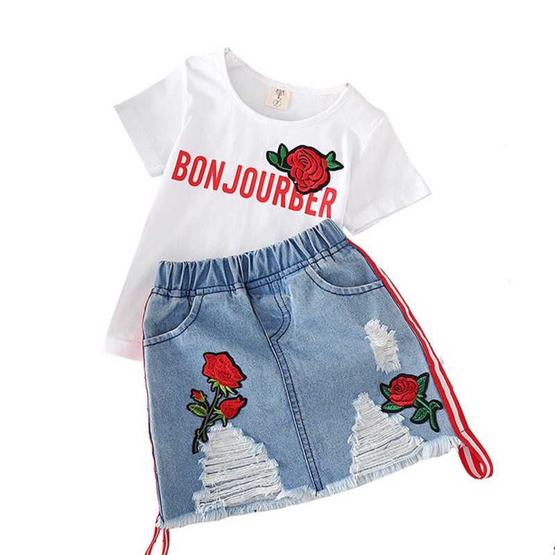 Kids Clothes White T-shirt Denim Skirt 2pcs Girls Suits - YLORESHOP