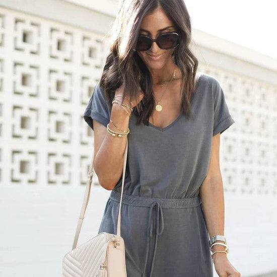 Women's Elastic Waist V-neck Wide-leg Jumpsuit - YLORESHOP