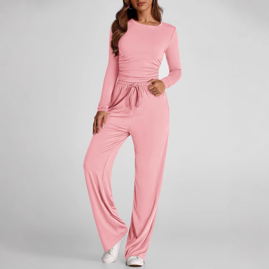 Women's 2-piece set, long-sleeved top and high-waisted wide-leg pants, sportswear, solid color. - YLORESHOP