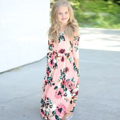 Amazon children's dresses Europe and the United States round neck print girls long skirt eBay AliExpress girls explosion models - YLORESHOP