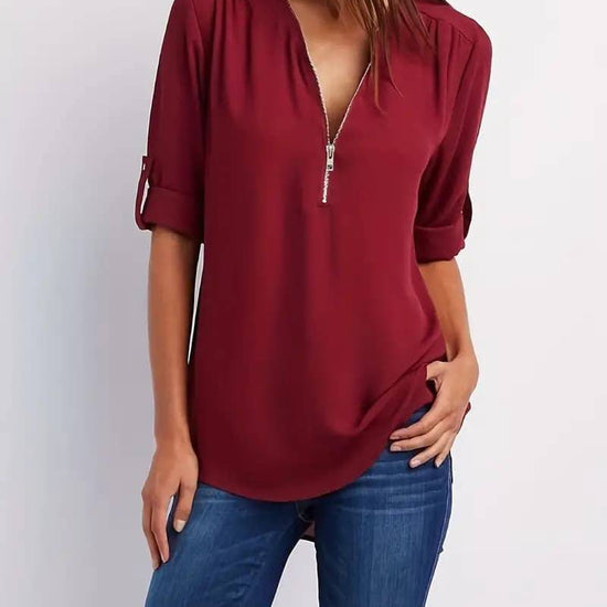 Simple V-neck Shirt, Casual Pleated Half-zip Shirt With Rolled-up Sleeves - YLORESHOP