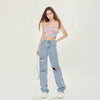 Women's High Waist Light Blue Ripped Wide-legged Jeans - YLORESHOP