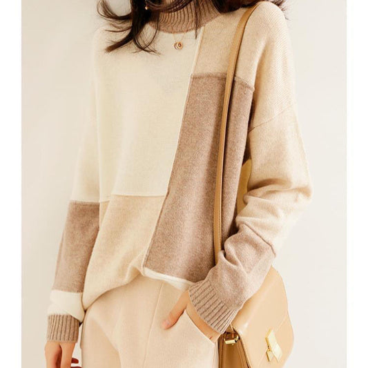 Loose-fitting, commuter-style, simple, turtleneck sweater with contrasting colors - YLORESHOP