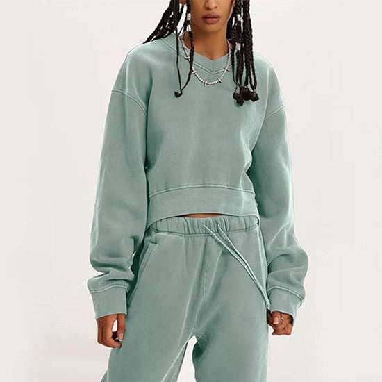 Women's V-neck Long-sleeved Midriff Outfit Sweatshirt Lace-up Sports Trousers - YLORESHOP