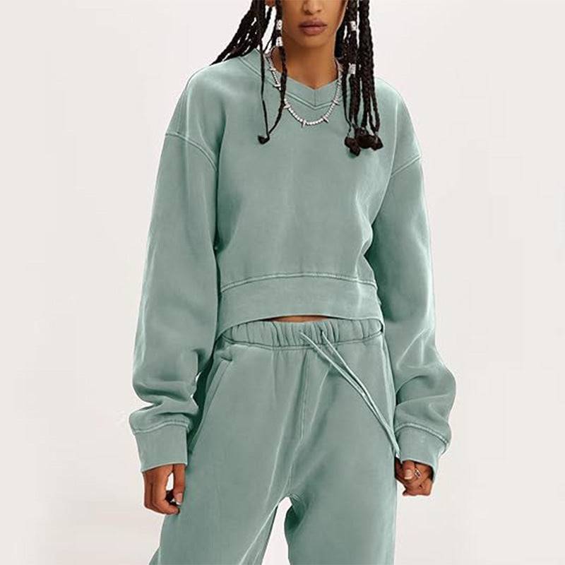 Women's V-neck Long-sleeved Midriff Outfit Sweatshirt Lace-up Sports Trousers - YLORESHOP