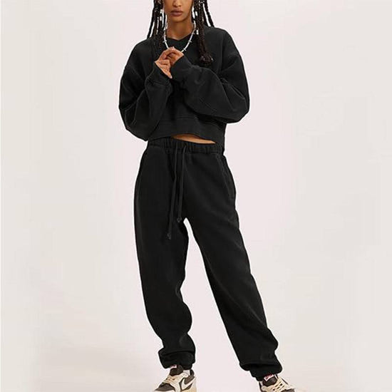 Women's V-neck Long-sleeved Midriff Outfit Sweatshirt Lace-up Sports Trousers - YLORESHOP