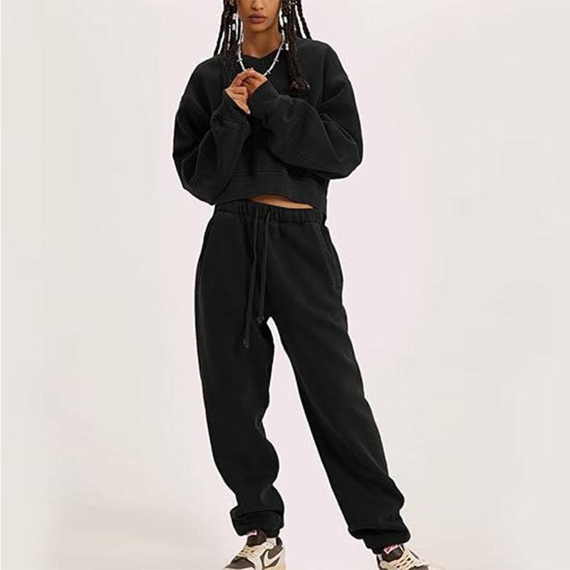 Women's V-neck Long-sleeved Midriff Outfit Sweatshirt Lace-up Sports Trousers - YLORESHOP