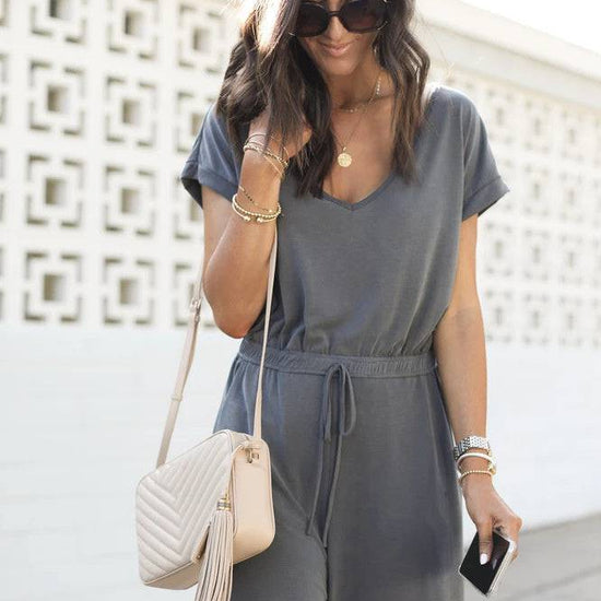 Women's Elastic Waist V-neck Wide-leg Jumpsuit - YLORESHOP