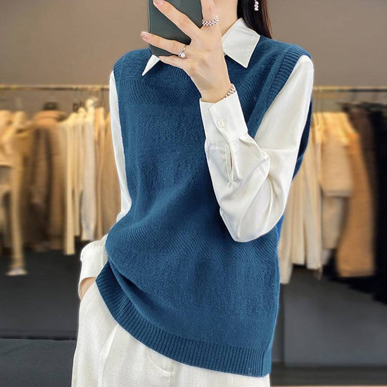 Women's Round Neck Knitted Pullover Cashmere Sweater Waistcoat Loose Wool Vest Slimming Vest - YLORESHOP