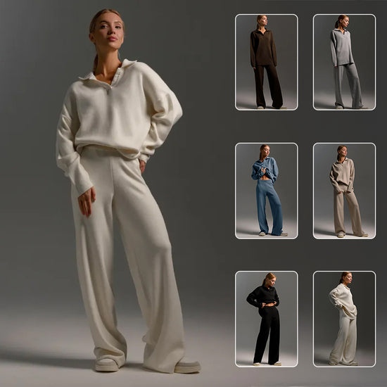 Women's Sweatshirt Suit Casual Collared Long-Sleeved Pullover Top And Loose Straight-Leg Pants Fashion Sport Trousers Set - YLORESHOP