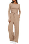 Women's 2-piece set, long-sleeved top and high-waisted wide-leg pants, sportswear, solid color. - YLORESHOP
