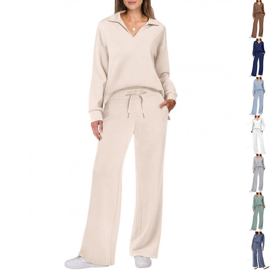 Women's tracksuit consisting of a long-sleeved V-neck top and straight-leg drawstring trousers. - YLORESHOP