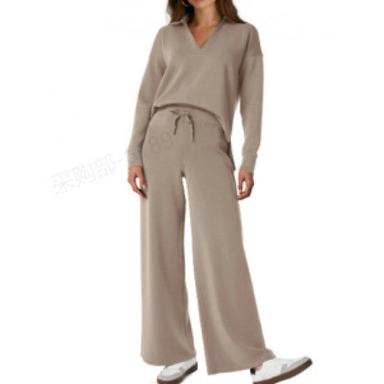 Women's tracksuit consisting of a long-sleeved V-neck top and straight-leg drawstring trousers. - YLORESHOP