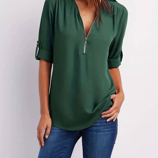 Simple V-neck Shirt, Casual Pleated Half-zip Shirt With Rolled-up Sleeves - YLORESHOP
