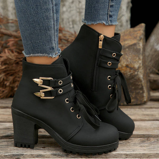 Autumn Round Head Chunky Heel High Heel Leisure Platform Lace Up Booties - YLORESHOP