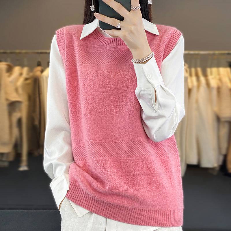 Women's Round Neck Knitted Pullover Cashmere Sweater Waistcoat Loose Wool Vest Slimming Vest - YLORESHOP