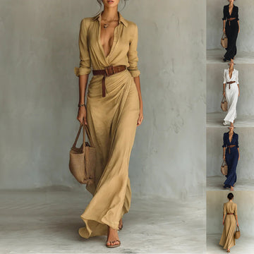 Fashionable and elegant long sleeve button down lapel belted irregular maxi dress. - YLORESHOP