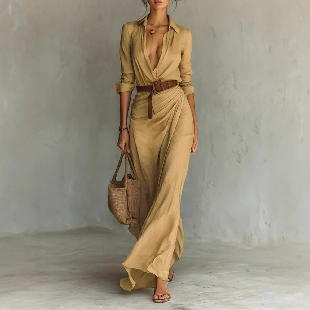 Fashionable and elegant long sleeve button down lapel belted irregular maxi dress. - YLORESHOP