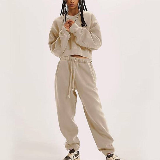 Women's V-neck Long-sleeved Midriff Outfit Sweatshirt Lace-up Sports Trousers - YLORESHOP