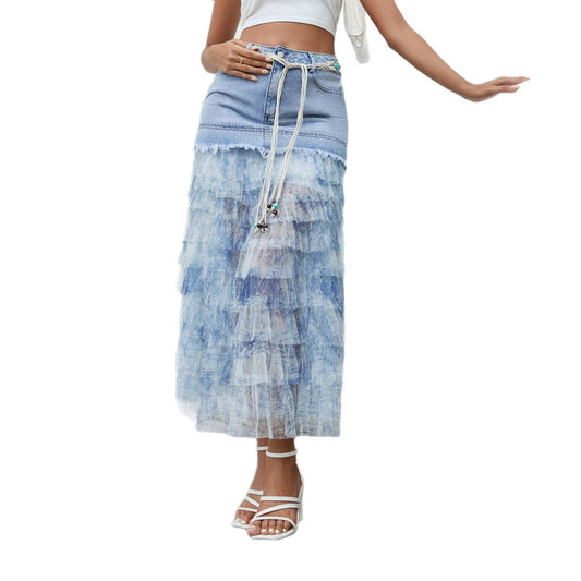 Mesh Floral Stitching Denim Skirt - YLORESHOP