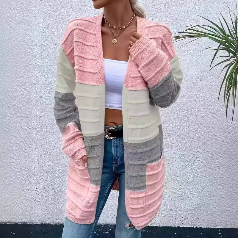 Sweater Women's 2024 Fashion Jacket With Big Pockets Autumn And Winter Long Striped Color Matching Cardigan - YLORESHOP
