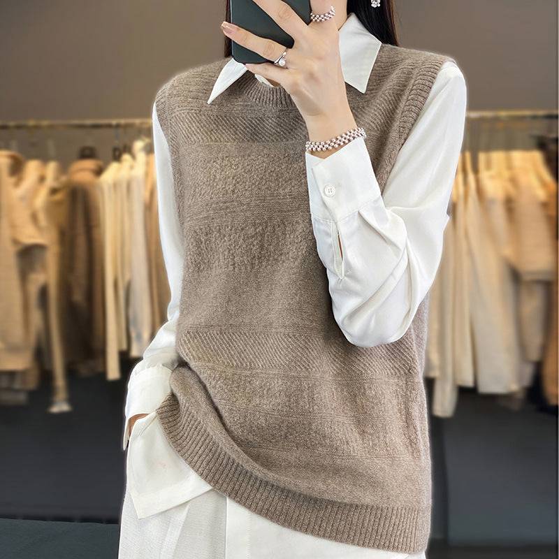Women's Round Neck Knitted Pullover Cashmere Sweater Waistcoat Loose Wool Vest Slimming Vest - YLORESHOP