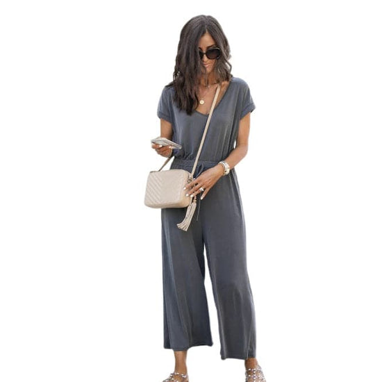 Women's Elastic Waist V-neck Wide-leg Jumpsuit - YLORESHOP