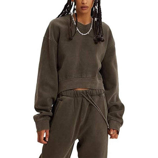 Women's V-neck Long-sleeved Midriff Outfit Sweatshirt Lace-up Sports Trousers - YLORESHOP