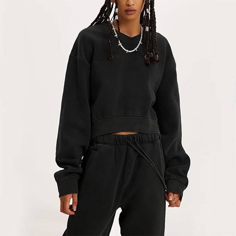 Women's V-neck Long-sleeved Midriff Outfit Sweatshirt Lace-up Sports Trousers - YLORESHOP